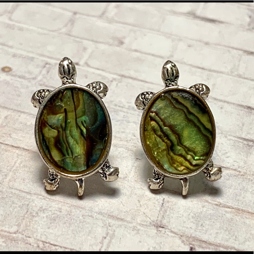 Silver Turtle Abalone Shell Stud Earrings - Green